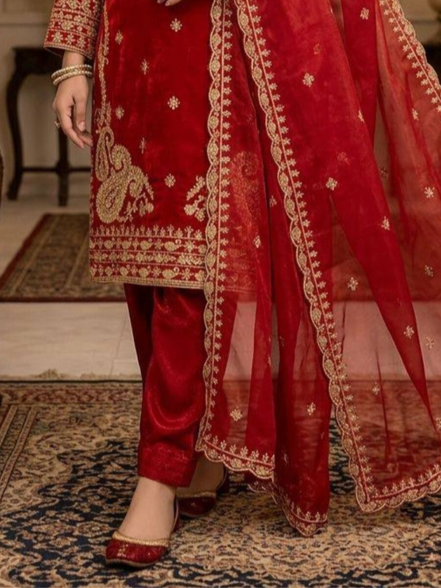 Red Glass Roman Silk Embroidery Sequins Zari Wedding Party Festival Casual Pant Salwar Kameez