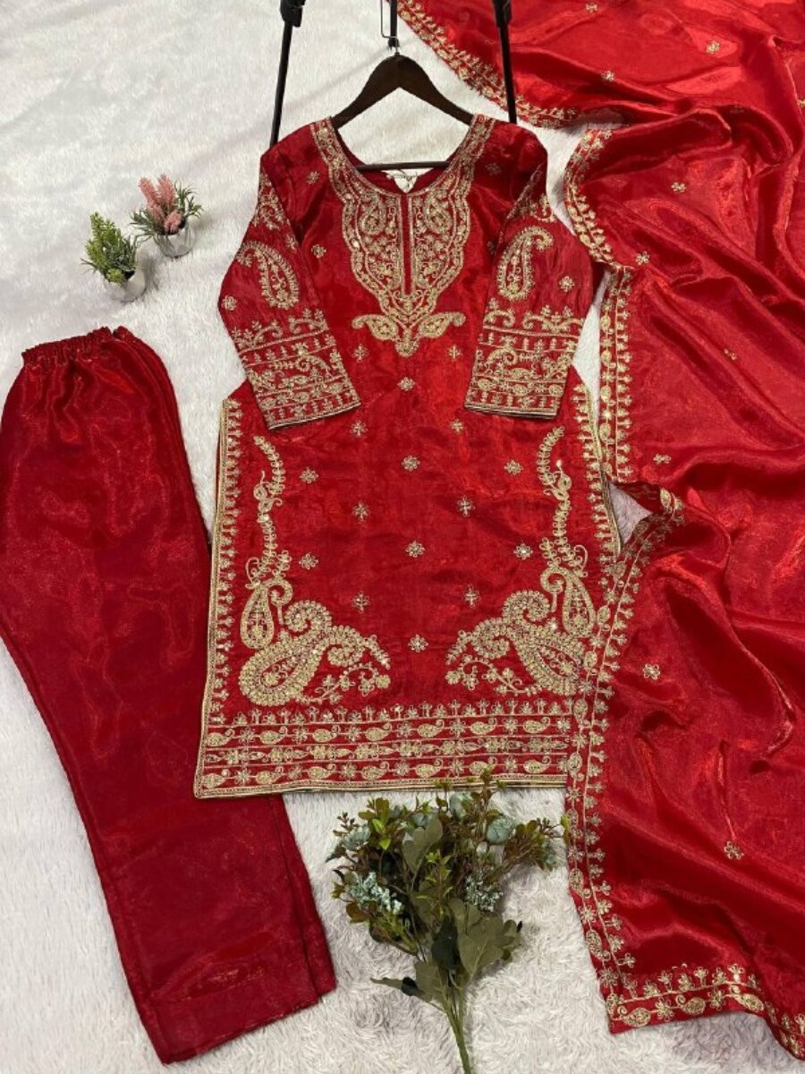 Red Glass Roman Silk Embroidery Sequins Zari Wedding Party Festival Casual Pant Salwar Kameez