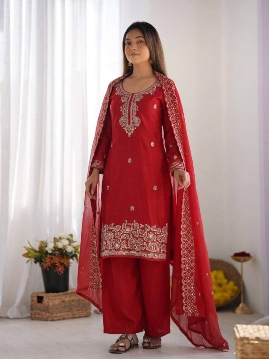 Red Gmy Choo Silk Embroidery Sequins Zari Wedding Party Festival Casual Palazzo Pant Salwar Kameez