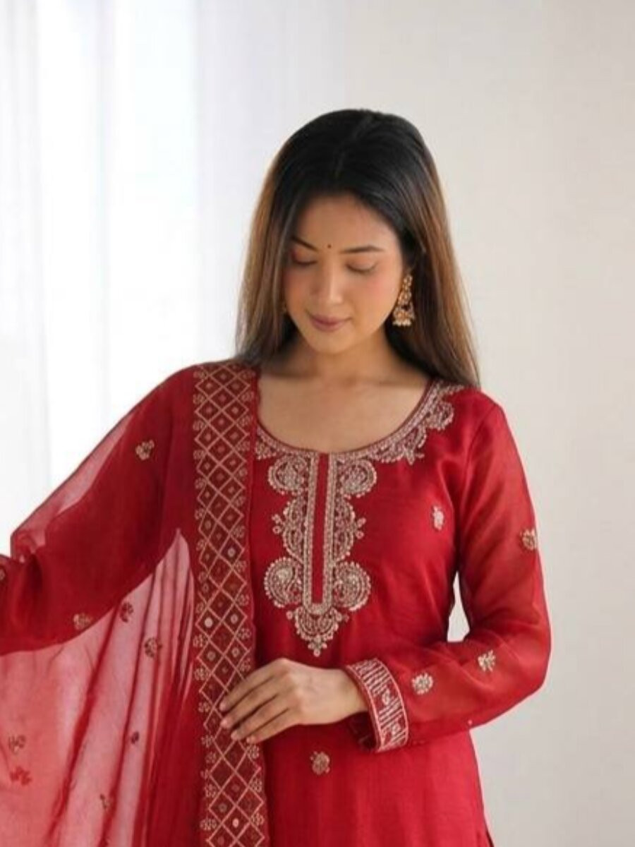Red Gmy Choo Silk Embroidery Sequins Zari Wedding Party Festival Casual Palazzo Pant Salwar Kameez