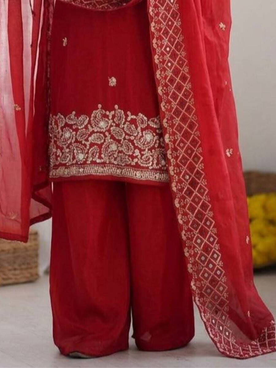 Red Gmy Choo Silk Embroidery Sequins Zari Wedding Party Festival Casual Palazzo Pant Salwar Kameez