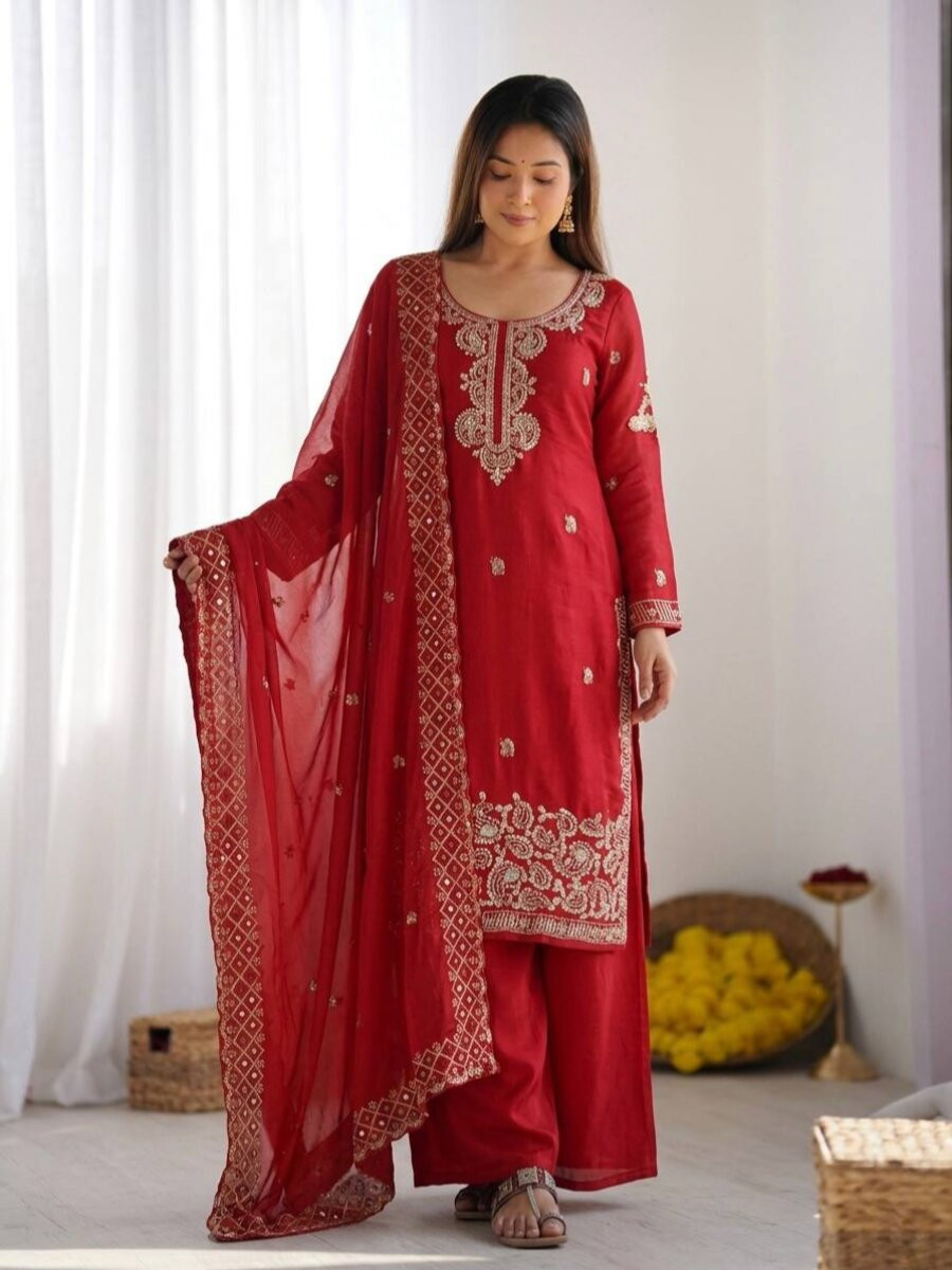 Red Gmy Choo Silk Embroidery Sequins Zari Wedding Party Festival Casual Palazzo Pant Salwar Kameez