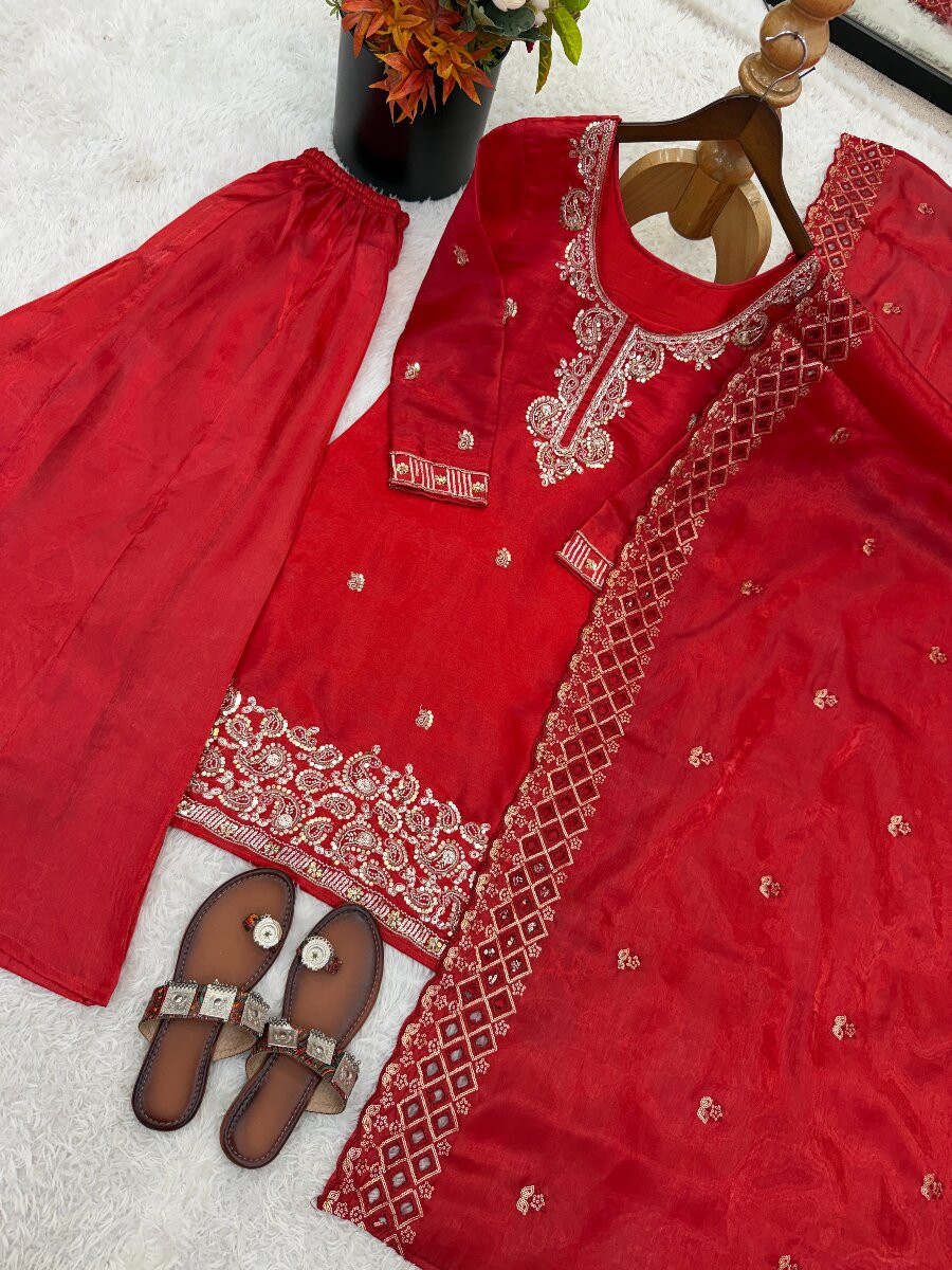 Red Gmy Choo Silk Embroidery Sequins Zari Wedding Party Festival Casual Palazzo Pant Salwar Kameez