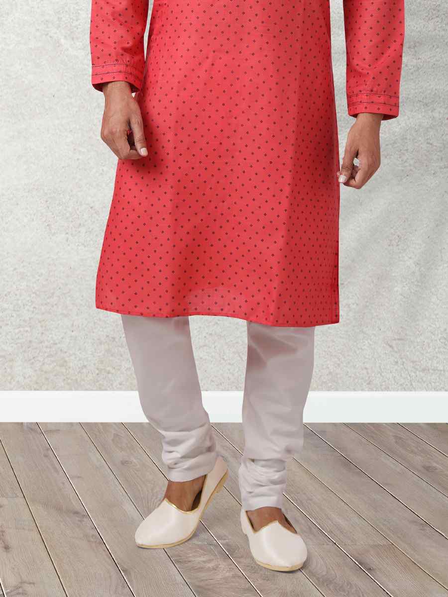 Red Hand Loomed In Rich Yarns Of Cotton Printed Festival Wedding Kurta