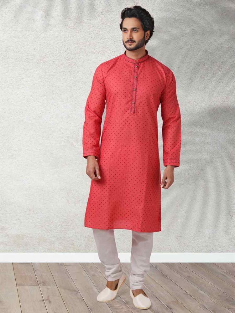 Red Hand Loomed In Rich Yarns Of Cotton Printed Festival Wedding Kurta