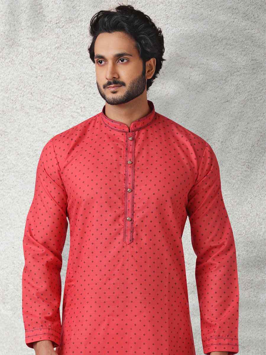 Red Hand Loomed In Rich Yarns Of Cotton Printed Festival Wedding Kurta
