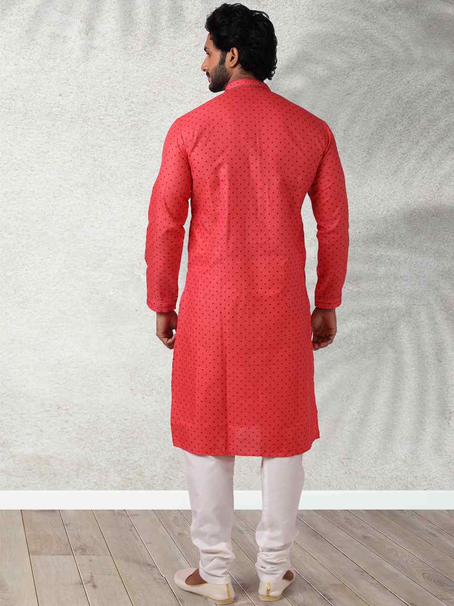 Red Hand Loomed In Rich Yarns Of Cotton Printed Festival Wedding Kurta