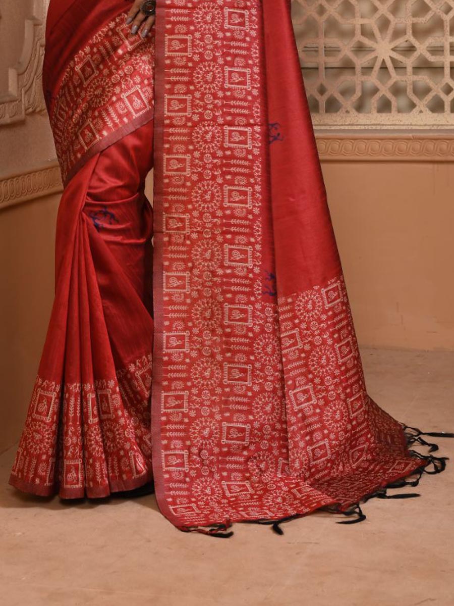 Red Handloom Raw Silk Handwoven Casual Festival Heavy Border Saree