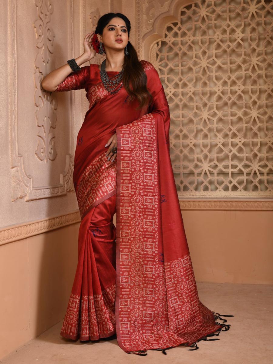 Red Handloom Raw Silk Handwoven Casual Festival Heavy Border Saree