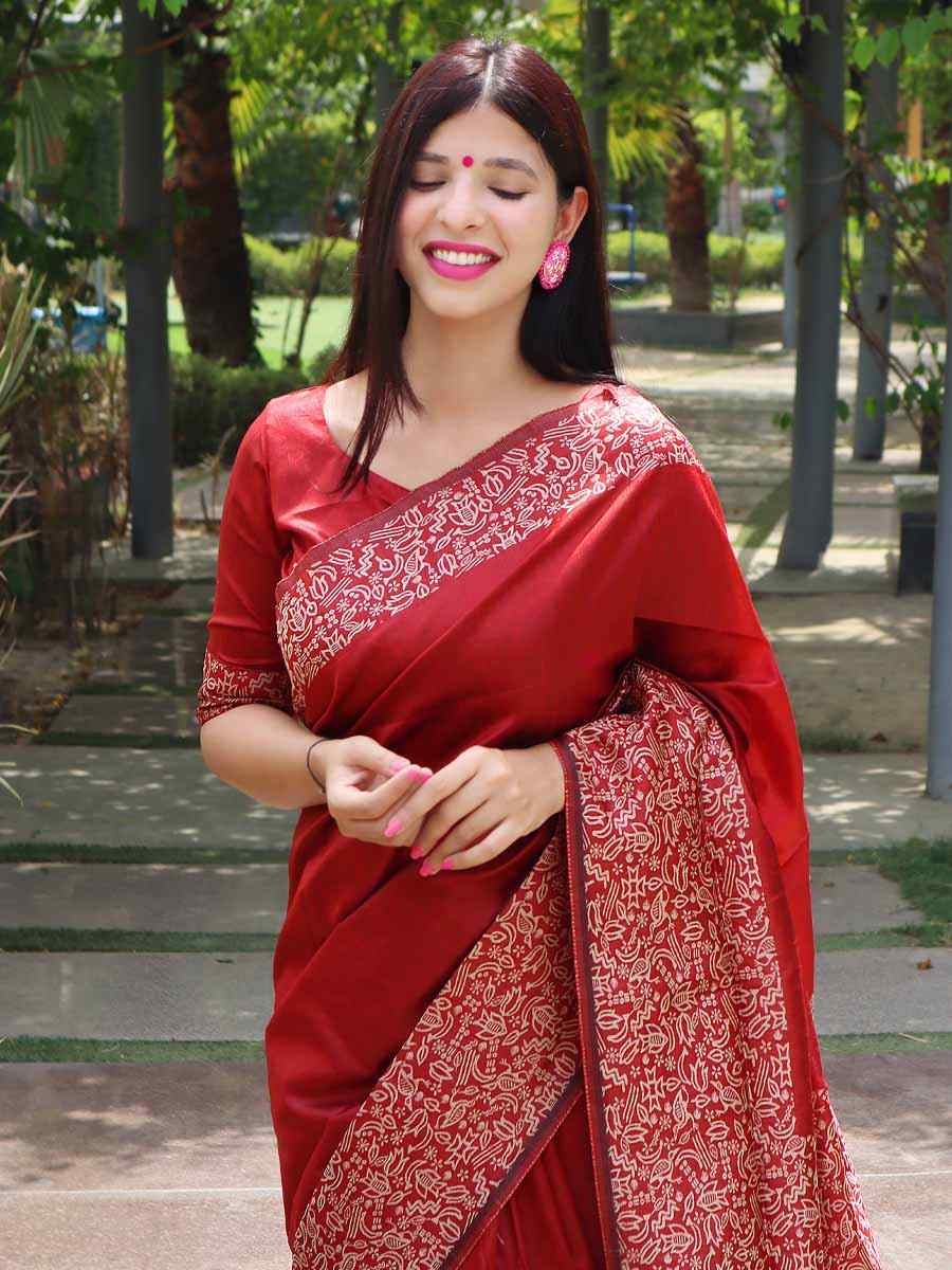 Red Handloom Raw Silk Handwoven Wedding Festival Heavy Border Saree
