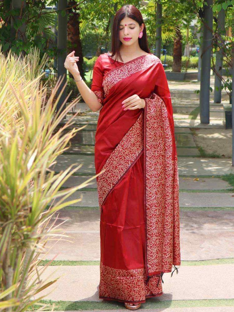 Red Handloom Raw Silk Handwoven Wedding Festival Heavy Border Saree