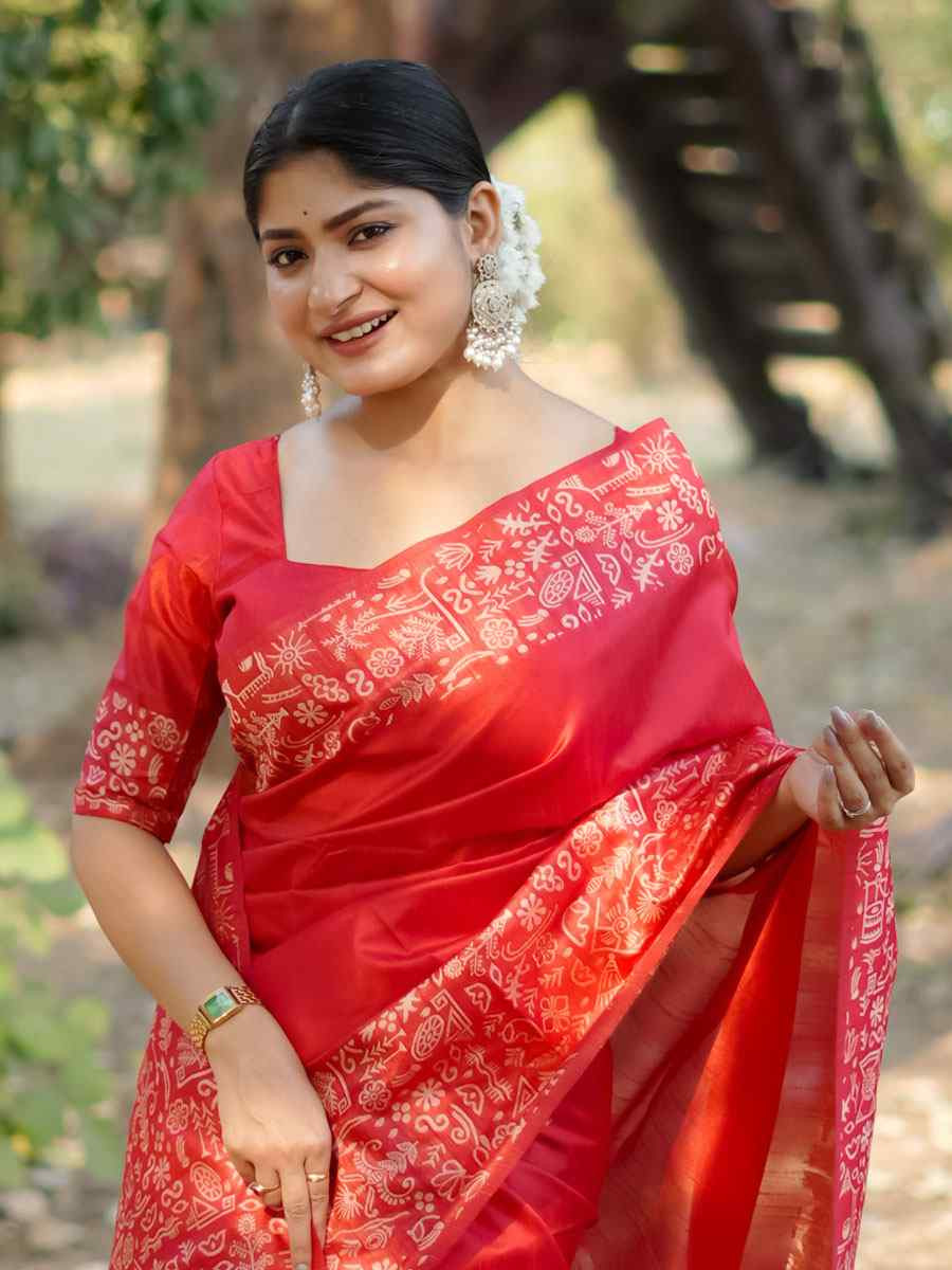 Red Handloom Raw Silk Printed Festival Wedding Fancy Heavy Border Saree