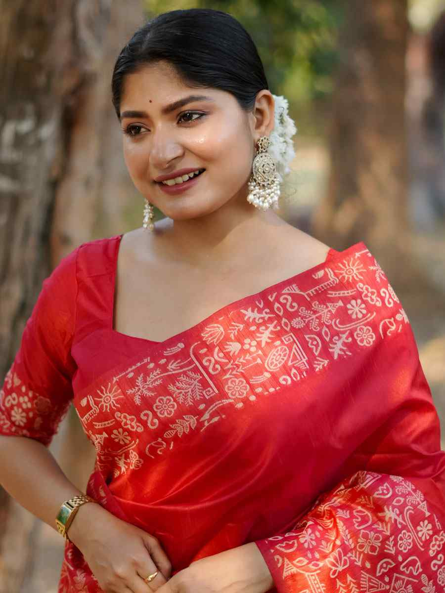 Red Handloom Raw Silk Printed Festival Wedding Fancy Heavy Border Saree