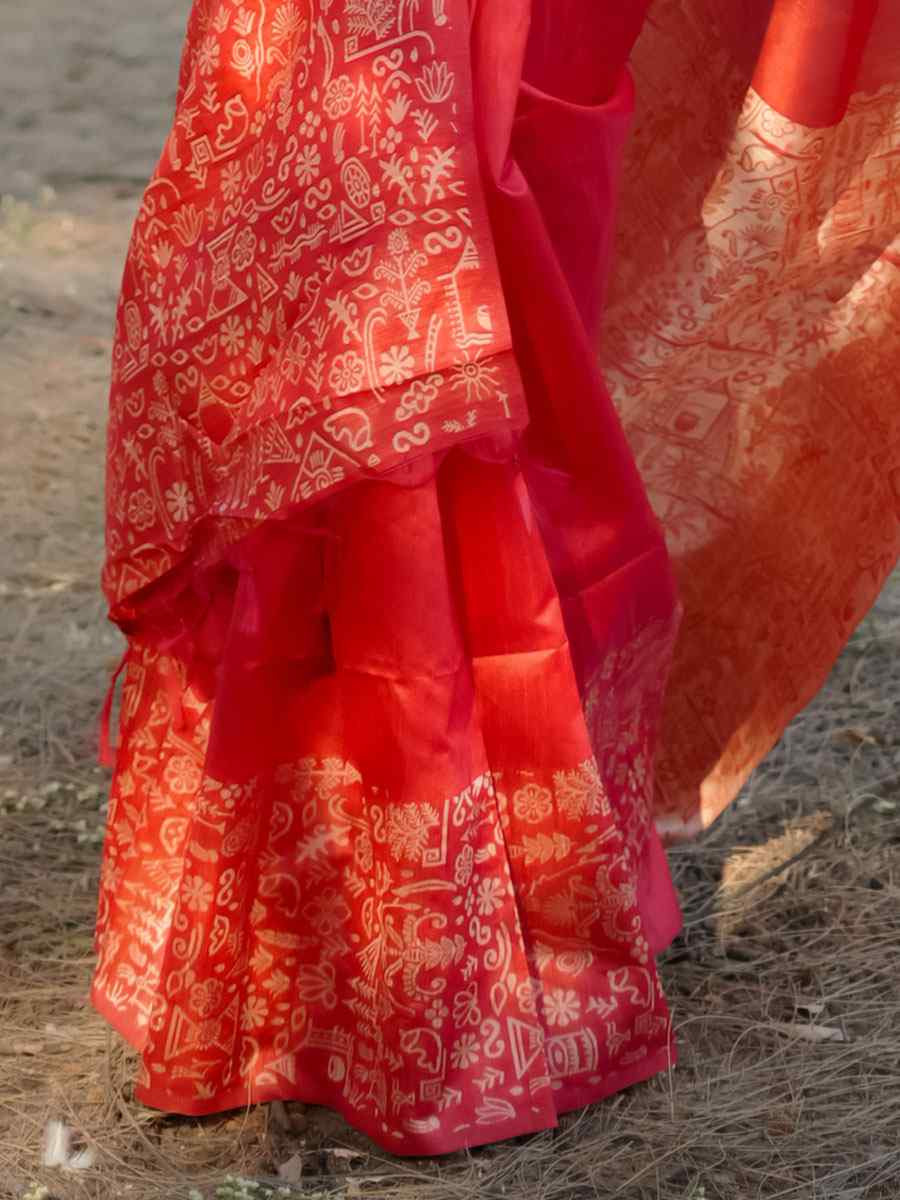Red Handloom Raw Silk Printed Festival Wedding Fancy Heavy Border Saree
