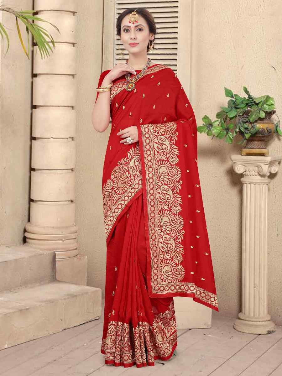 Red Handwoven Party Bridal Reception Festival Wedding Fancy Heavy Border Saree
