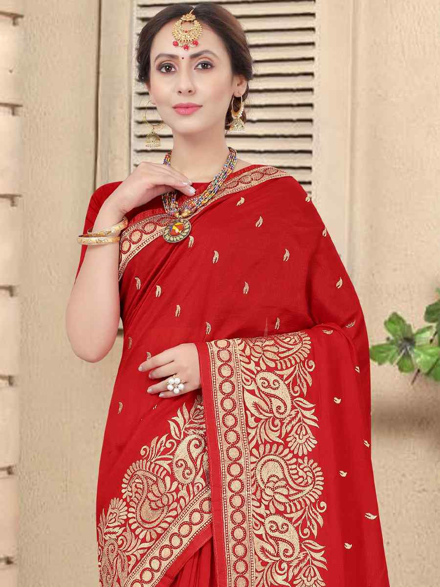 Red Handwoven Party Bridal Reception Festival Wedding Fancy Heavy Border Saree