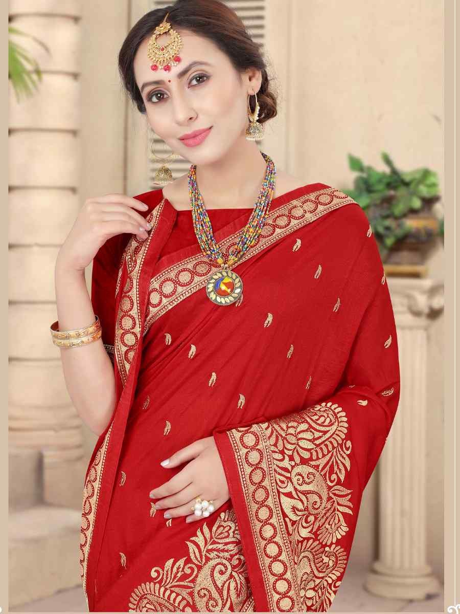 Red Handwoven Party Bridal Reception Festival Wedding Fancy Heavy Border Saree