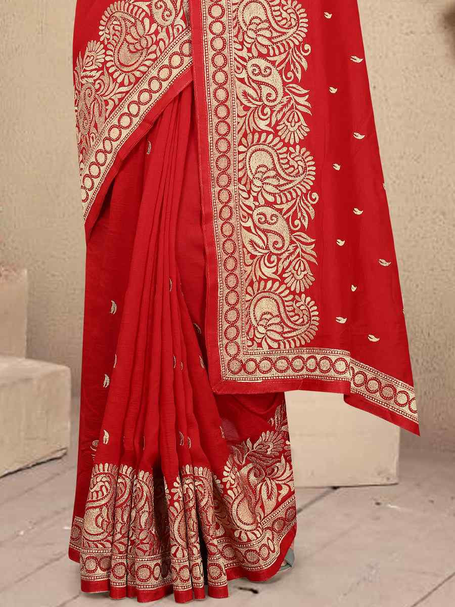 Red Handwoven Party Bridal Reception Festival Wedding Fancy Heavy Border Saree