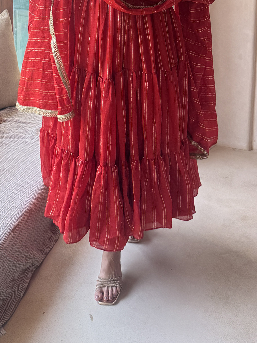 Red Heavy Brocade Embroidery Sequins Wedding Party Festival Casual Ready Anarkali Pant Salwar Kameez