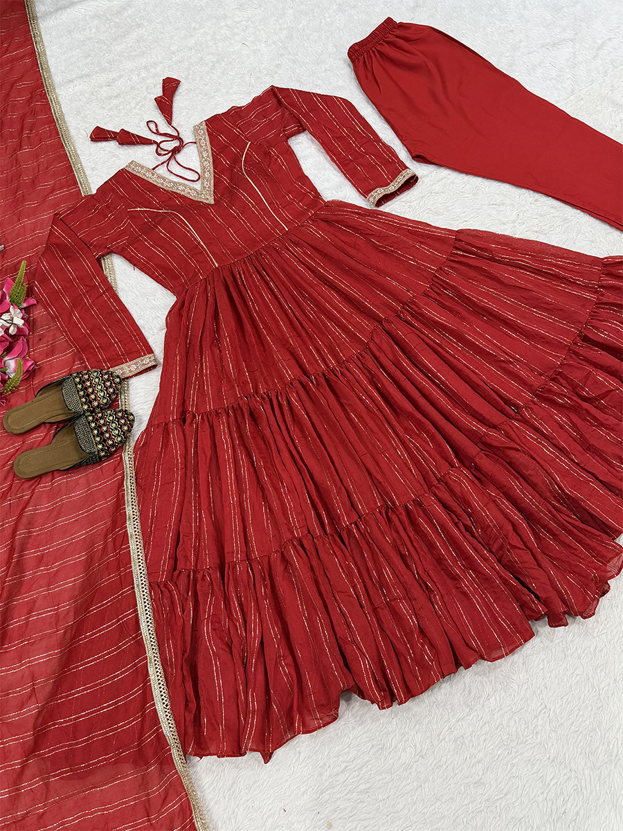 Red Heavy Brocade Embroidery Sequins Wedding Party Festival Casual Ready Anarkali Pant Salwar Kameez