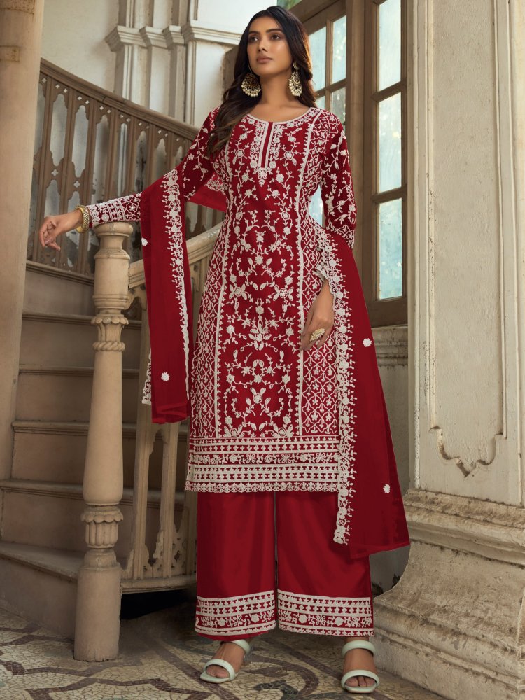 Red Heavy Butterfly Net Embroidered Festival Party Engagement Pant Salwar Kameez