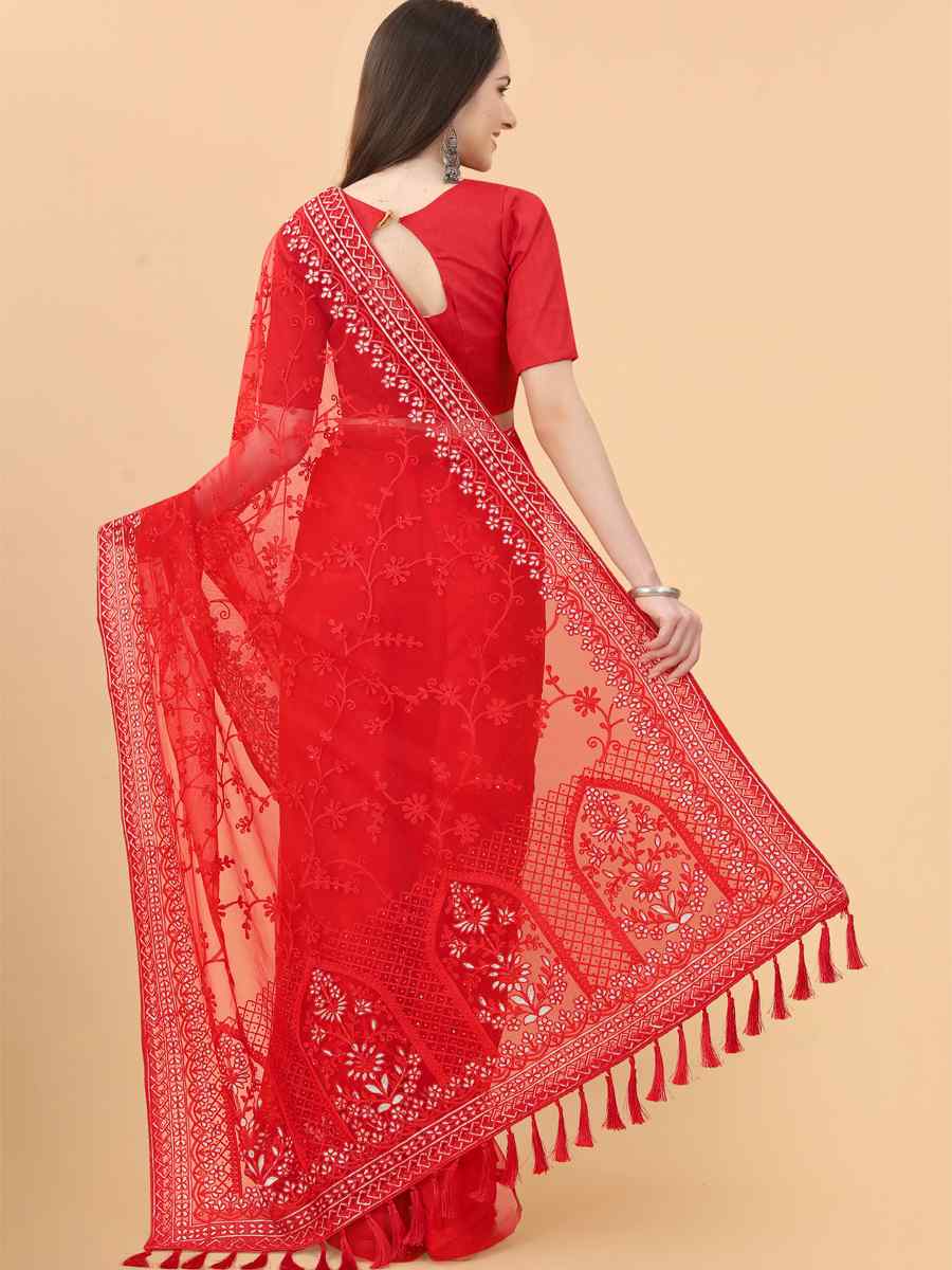 Red Heavy Butterfly Net Embroidered Party Festival Heavy Border Saree