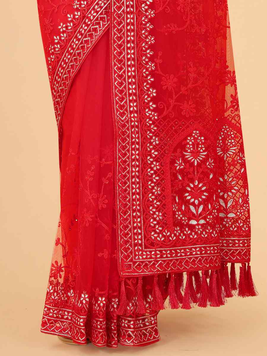Red Heavy Butterfly Net Embroidered Party Festival Heavy Border Saree