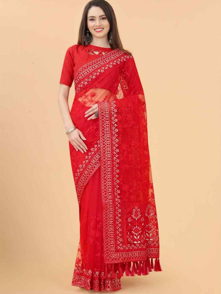 Red Heavy Butterfly Net Embroidered Party Festival Heavy Border Saree
