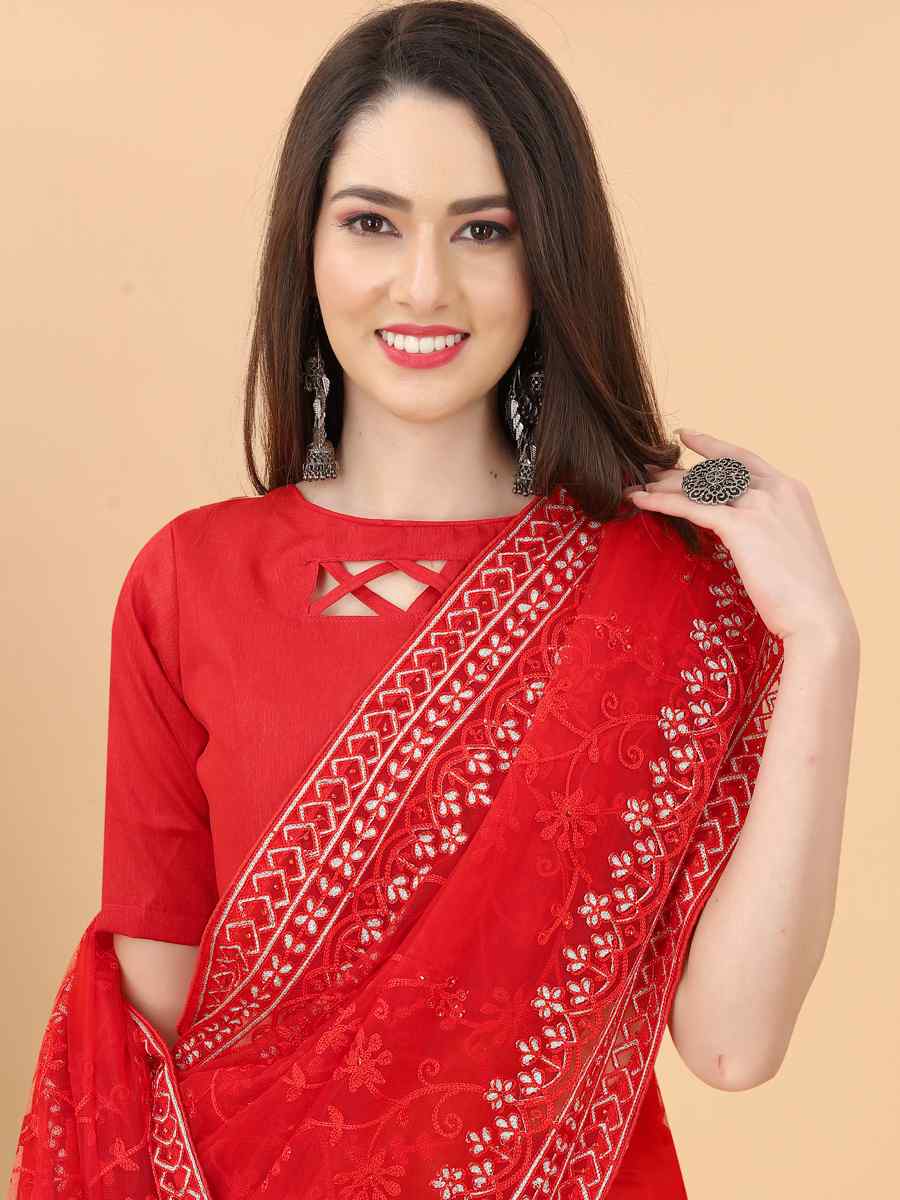 Red Heavy Butterfly Net Embroidered Party Festival Heavy Border Saree