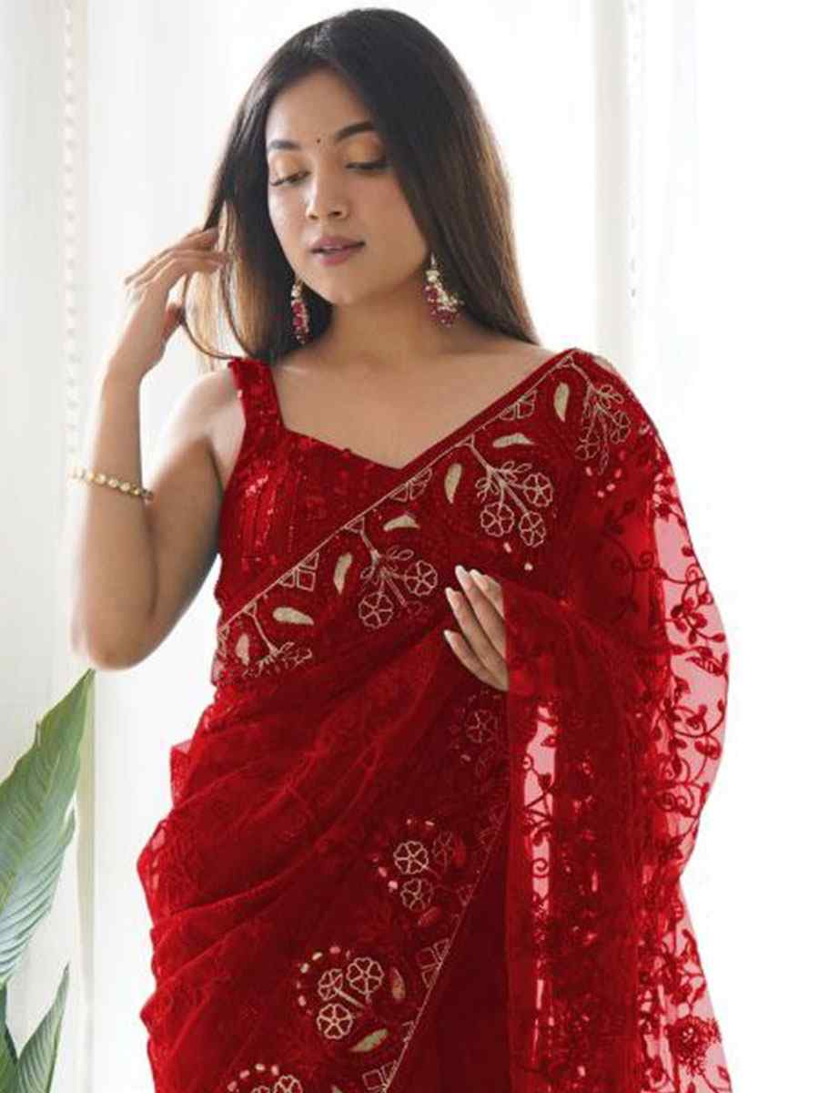 Red Heavy Butterfly Net Embroidery Party Reception Heavy Border Saree