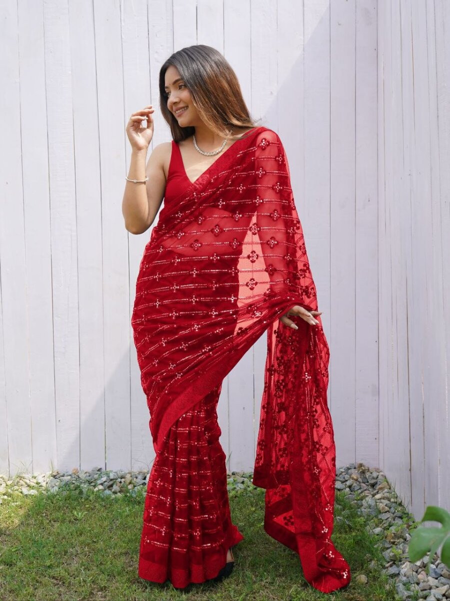 Red Heavy Butterfly Net Sequins Wedding Reception Party Festival Heavy Border Sarees