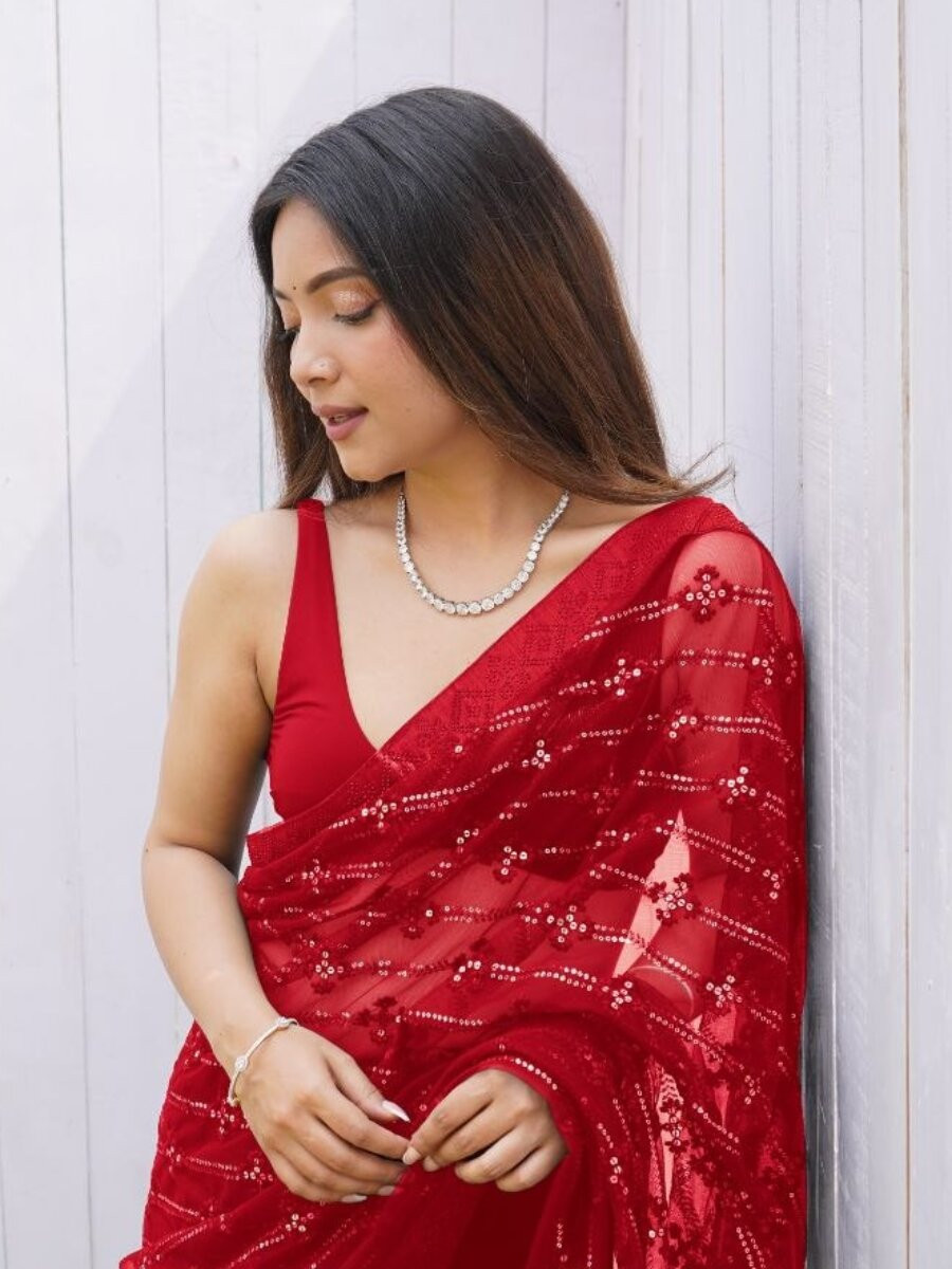 Red Heavy Butterfly Net Sequins Wedding Reception Party Festival Heavy Border Sarees