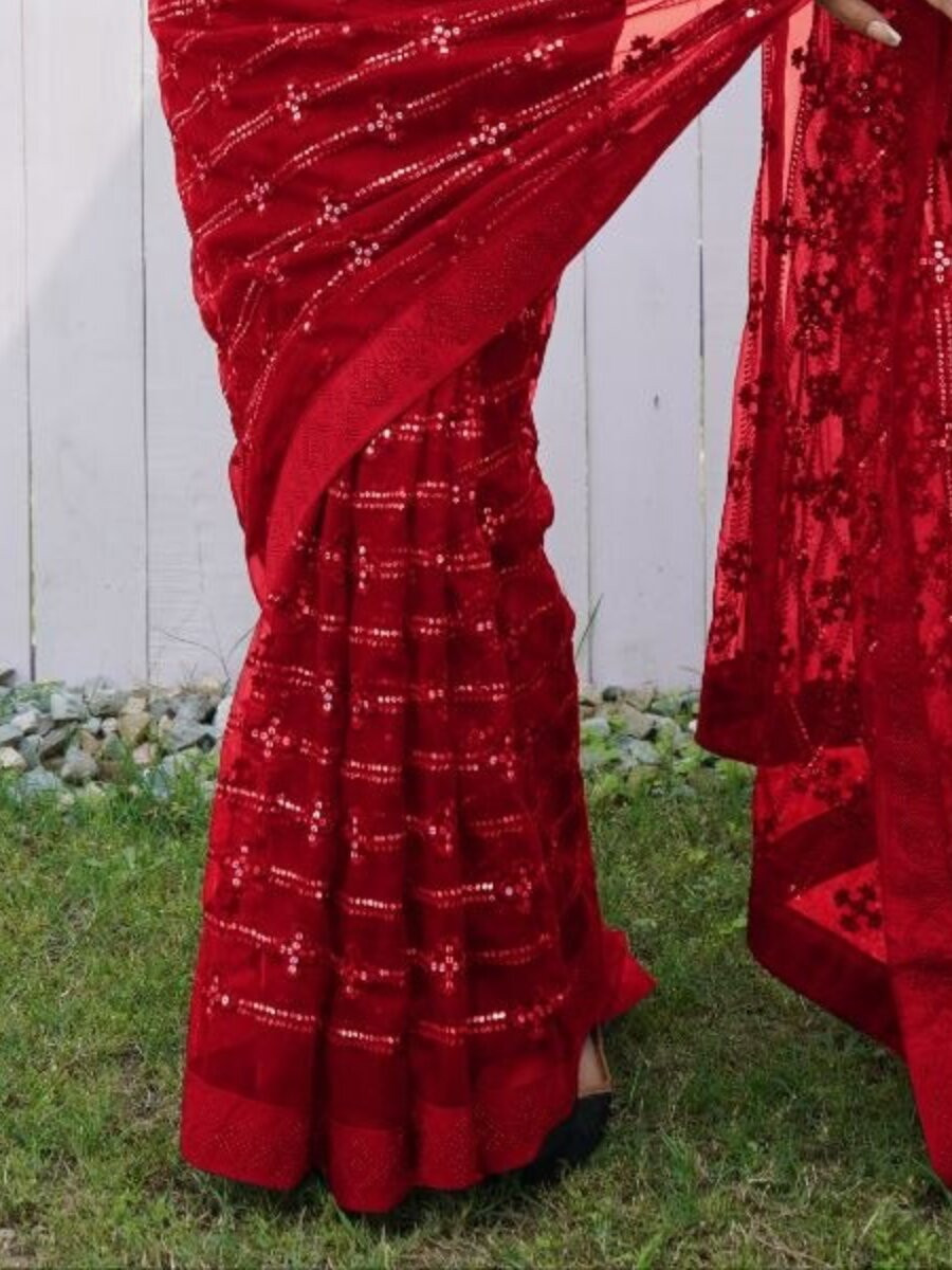 Red Heavy Butterfly Net Sequins Wedding Reception Party Festival Heavy Border Sarees