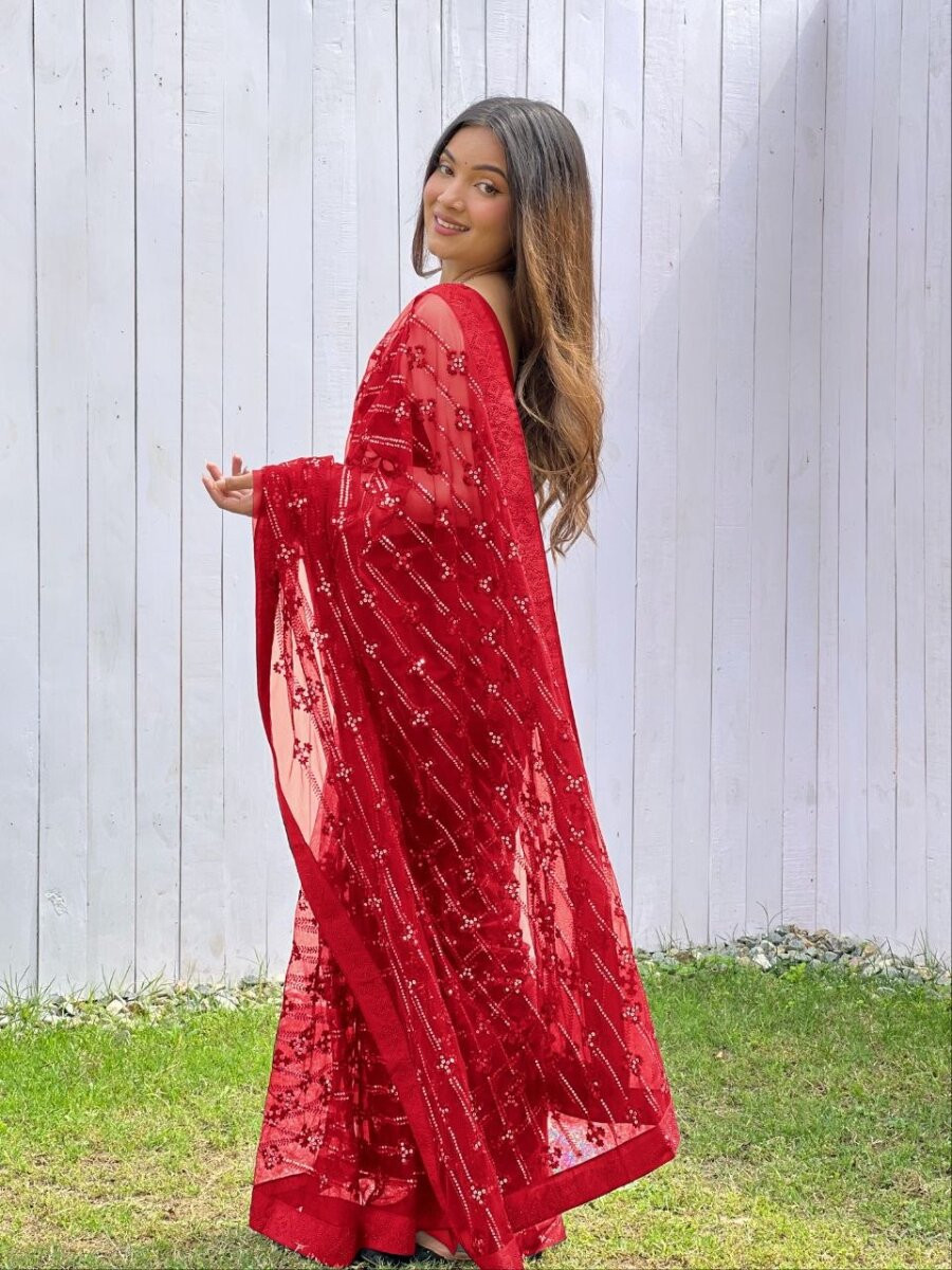 Red Heavy Butterfly Net Sequins Wedding Reception Party Festival Heavy Border Sarees
