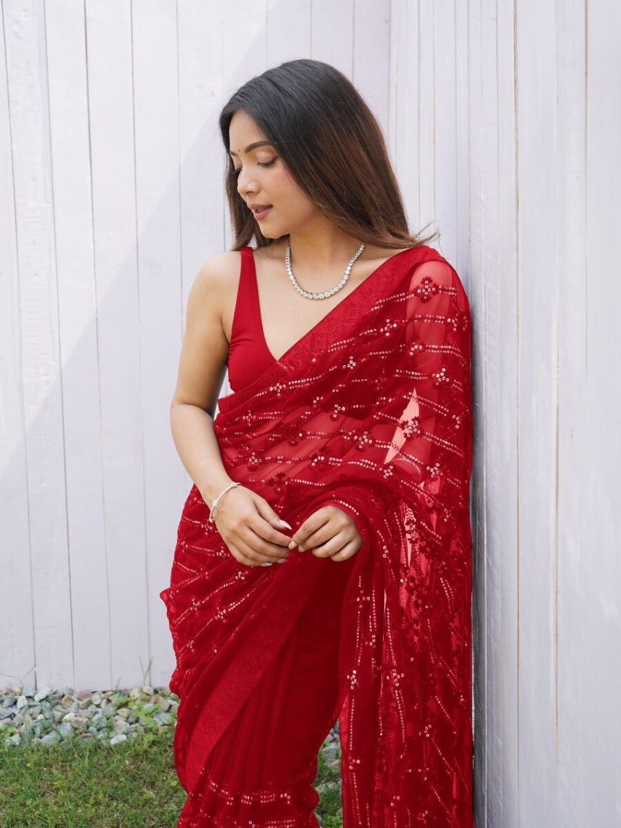 Red Heavy Butterfly Net Sequins Wedding Reception Party Festival Heavy Border Sarees
