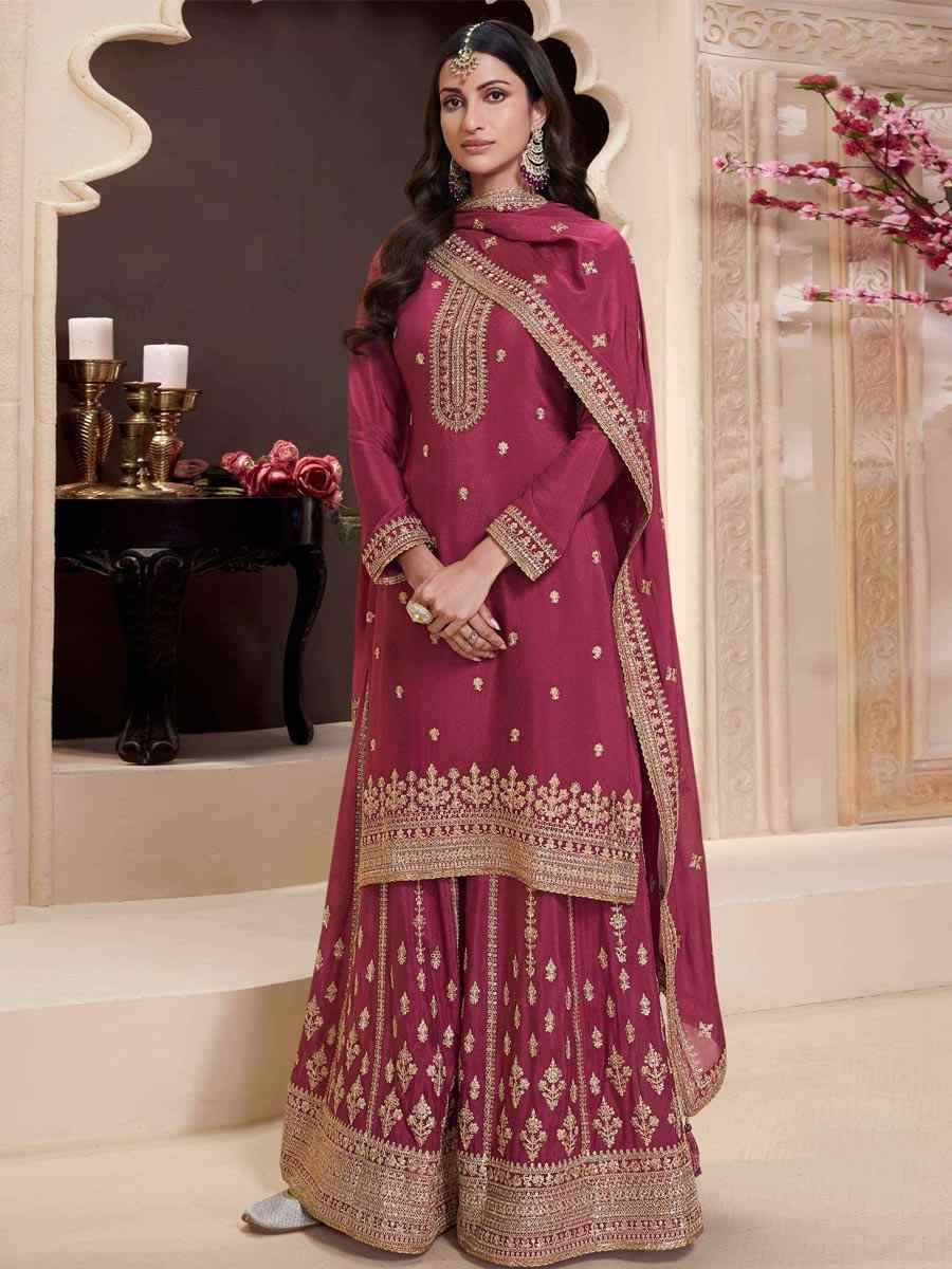 Red Heavy Chinon Embroidered Festival Wedding Palazzo Pant Salwar Kameez