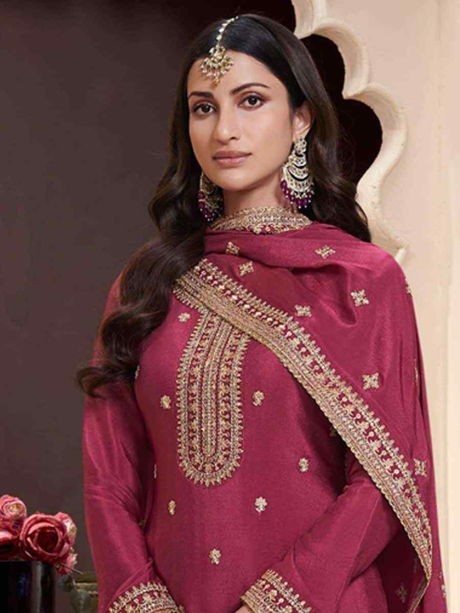 Red Heavy Chinon Embroidered Festival Wedding Palazzo Pant Salwar Kameez