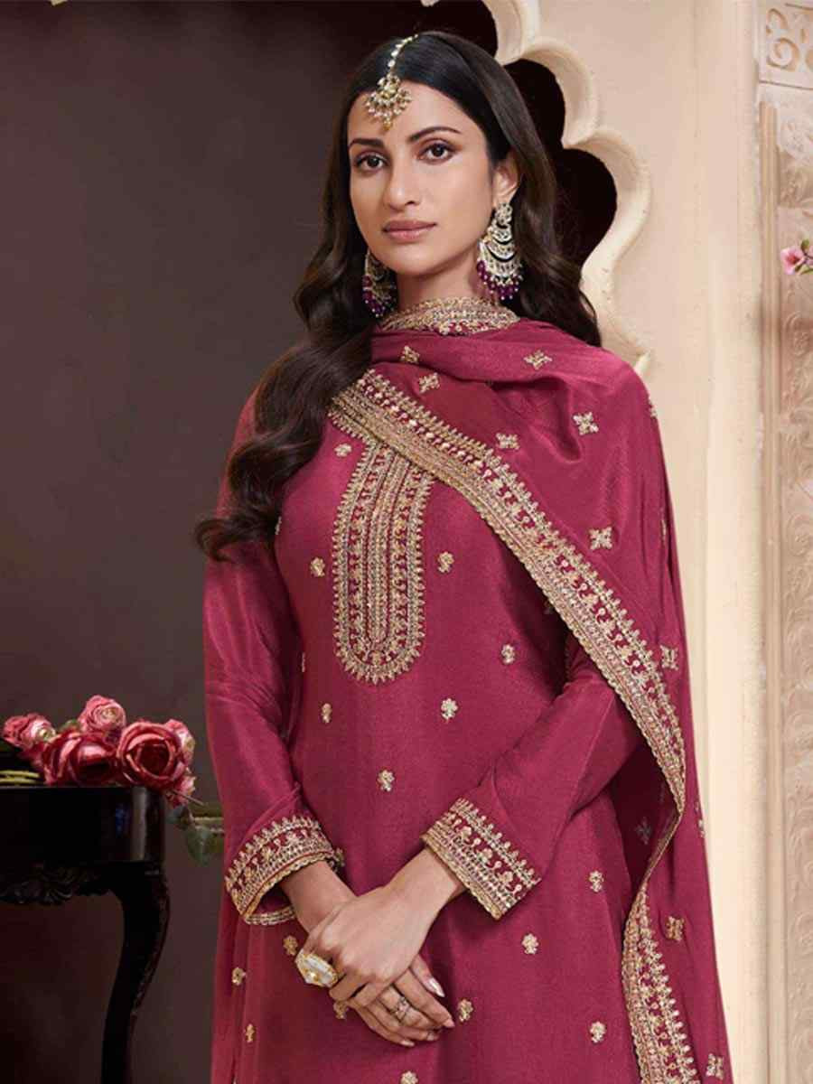 Red Heavy Chinon Embroidered Festival Wedding Palazzo Pant Salwar Kameez