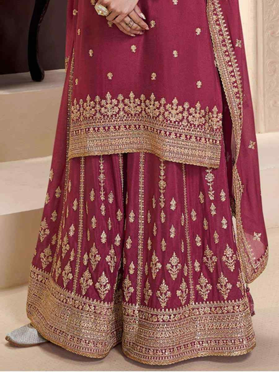 Red Heavy Chinon Embroidered Festival Wedding Palazzo Pant Salwar Kameez