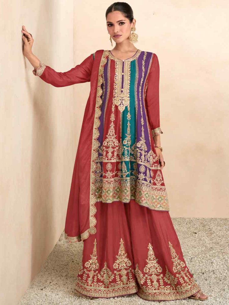Red Heavy Chinon Embroidered Festival Wedding Palazzo Pant Salwar Kameez