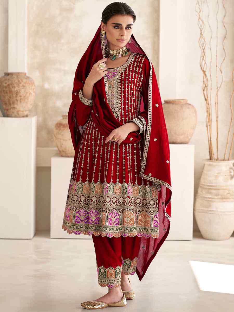 Red Heavy Chinon Embroidered Festival Wedding Patiala Salwar Kameez