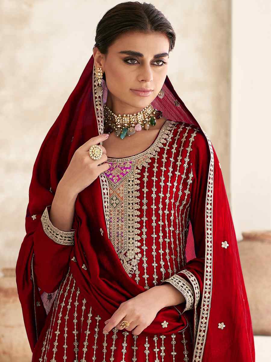 Red Heavy Chinon Embroidered Festival Wedding Patiala Salwar Kameez