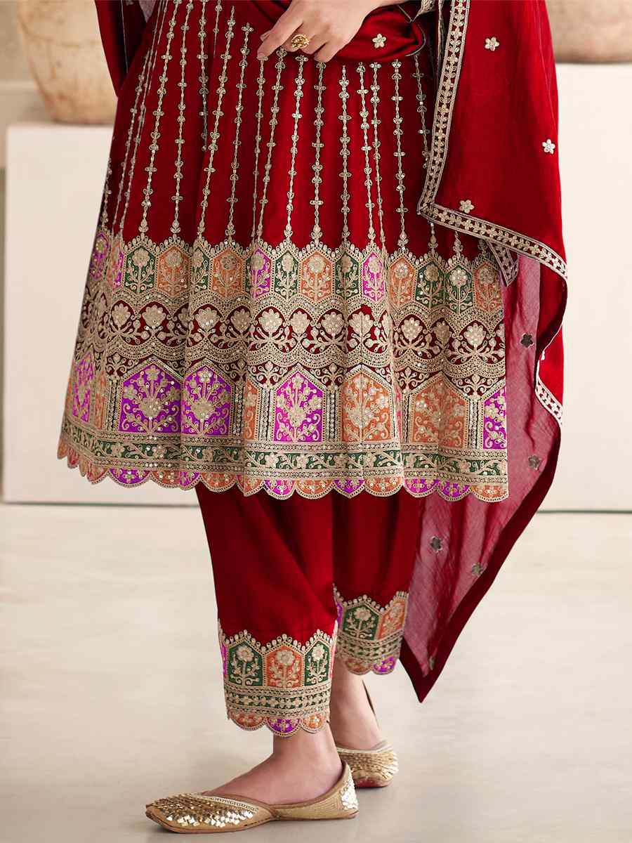 Red Heavy Chinon Embroidered Festival Wedding Patiala Salwar Kameez