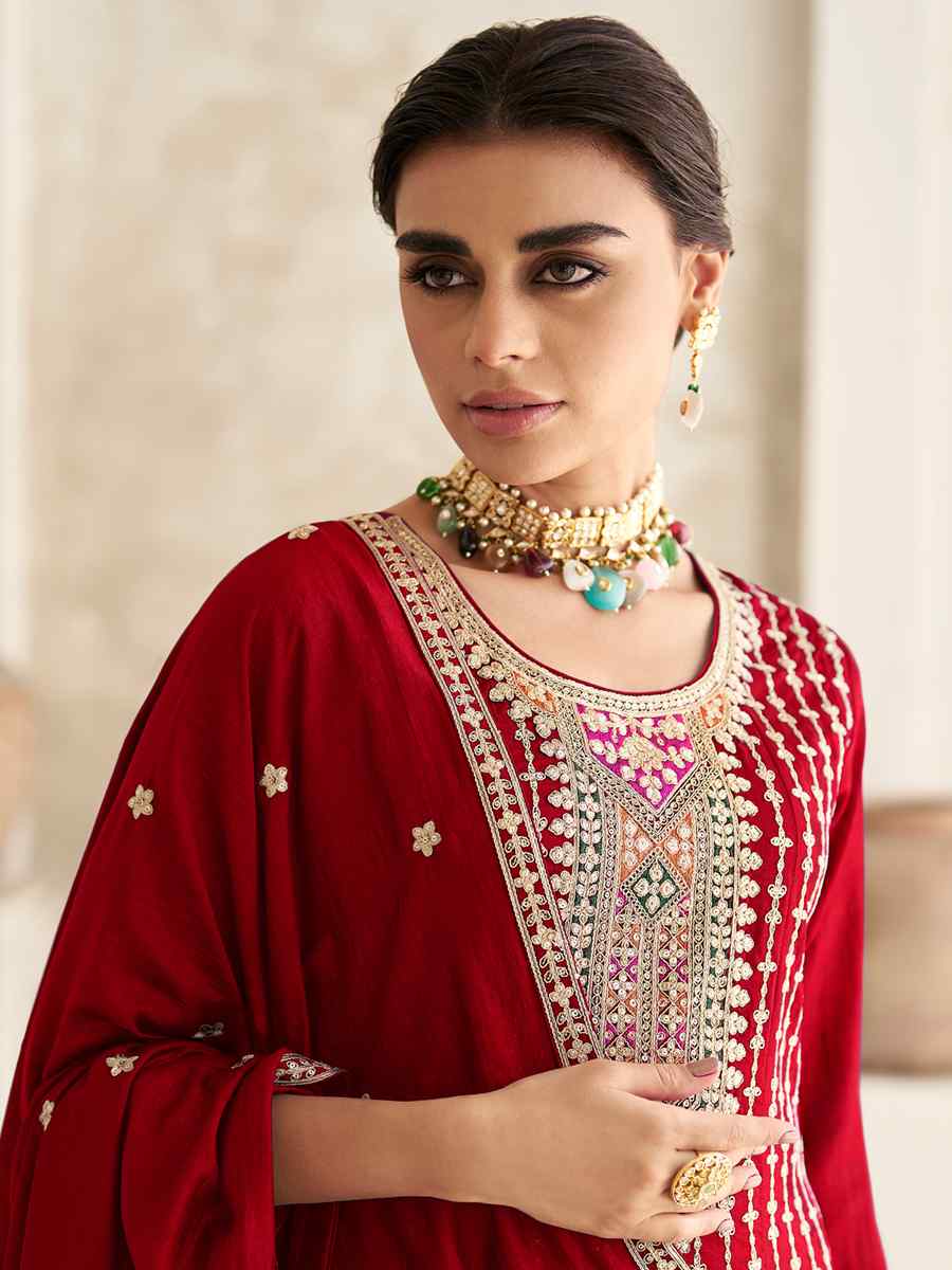 Red Heavy Chinon Embroidered Festival Wedding Patiala Salwar Kameez