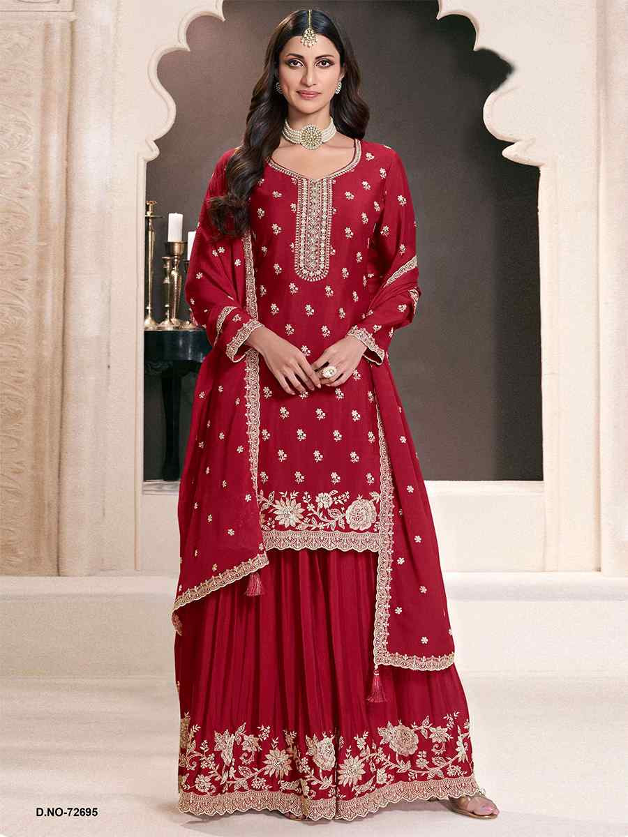 Red Heavy Chinon Embroidered Festival Wedding Sharara Pant Salwar Kameez