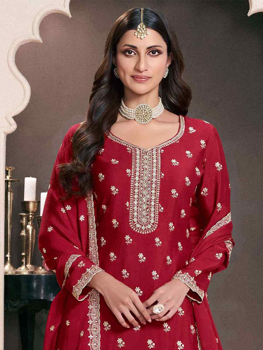 Red Heavy Chinon Embroidered Festival Wedding Sharara Pant Salwar Kameez