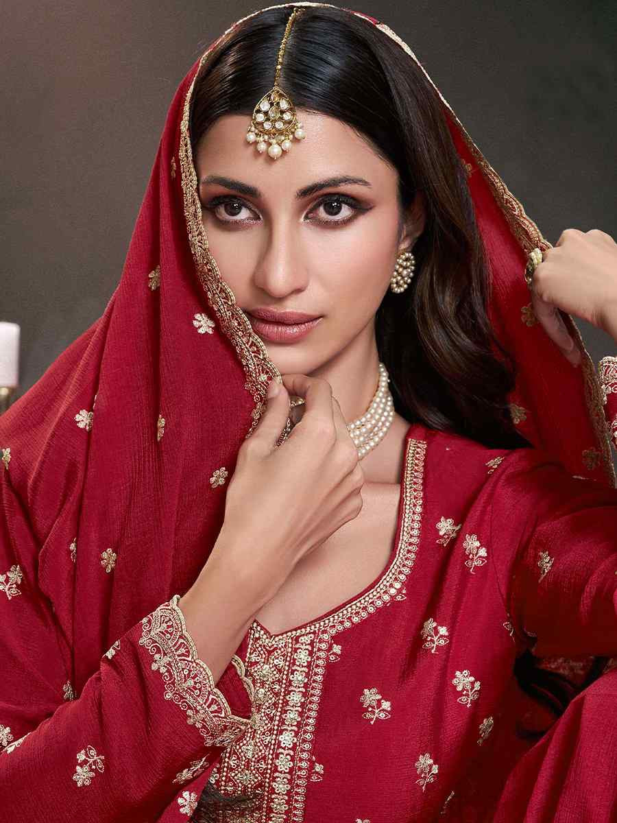 Red Heavy Chinon Embroidered Festival Wedding Sharara Pant Salwar Kameez