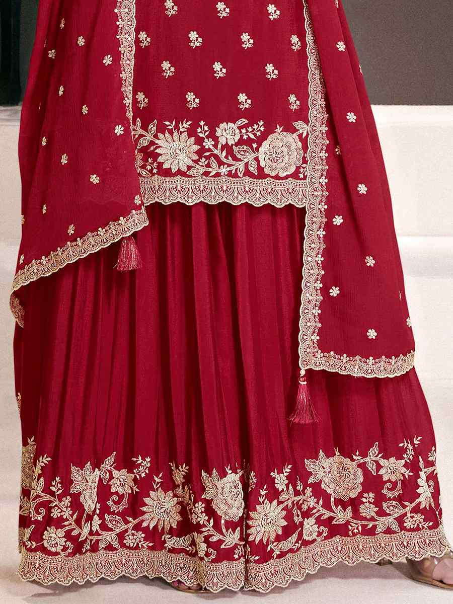 Red Heavy Chinon Embroidered Festival Wedding Sharara Pant Salwar Kameez