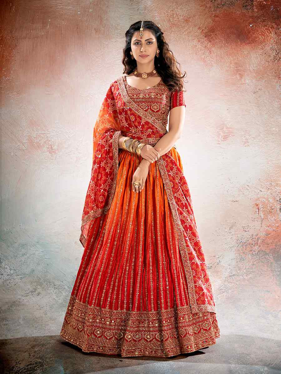 Red Heavy Chinon Embroidered Wedding Reception Festival Heavy Border Lehenga Choli