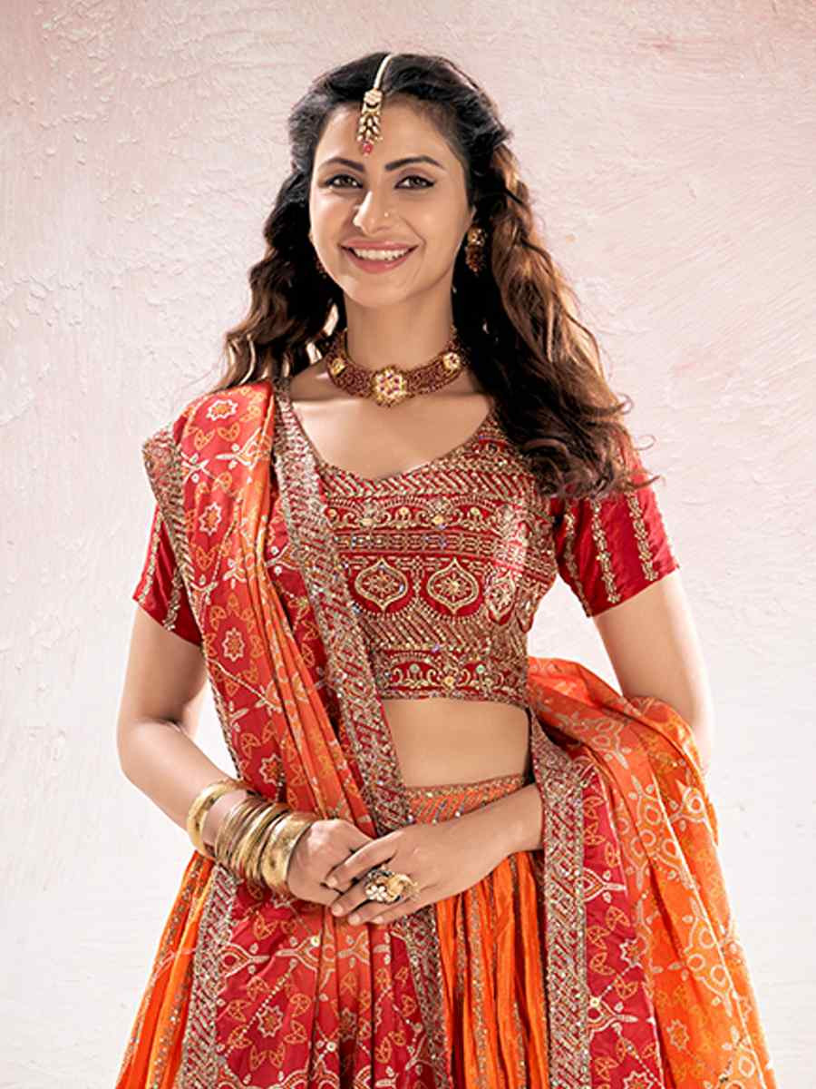 Red Heavy Chinon Embroidered Wedding Reception Festival Heavy Border Lehenga Choli